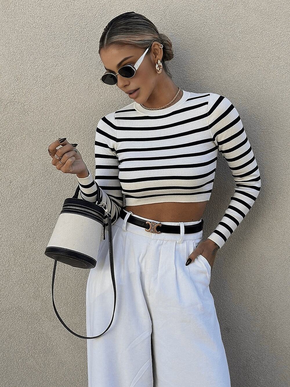Commense Striped Casual Strech Crop Bodycon Knit Top Black White Stripe S